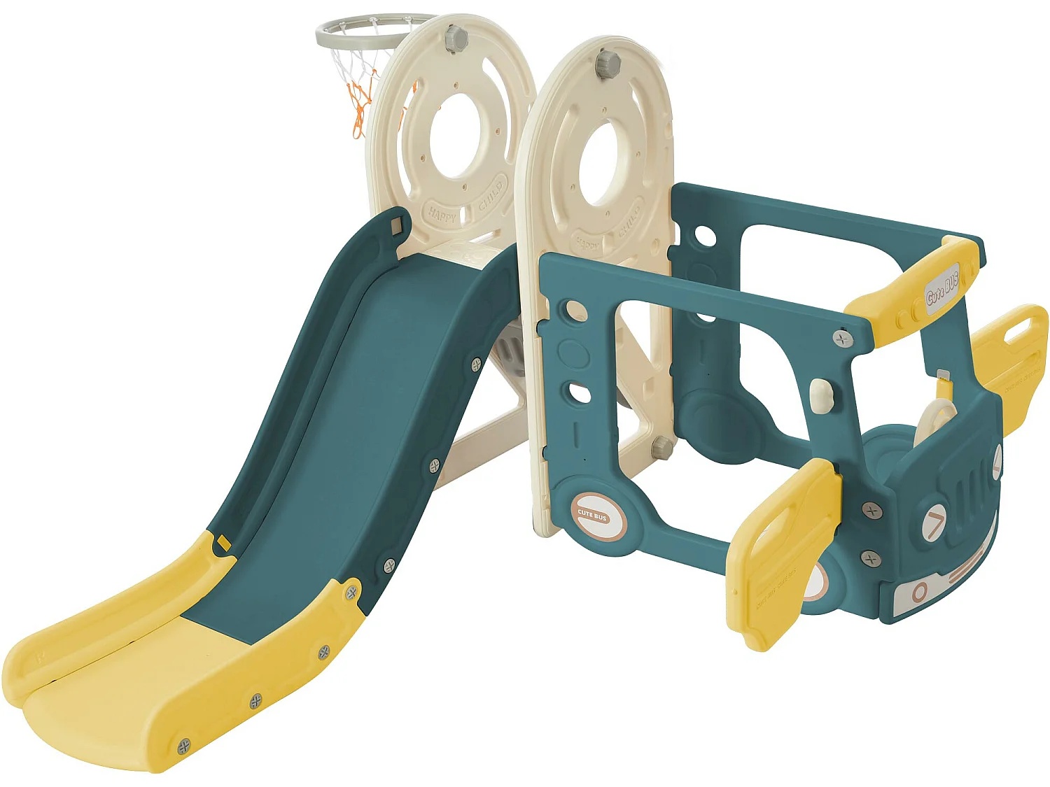 Toboggan 3 en 1 - avec escalier, panier de basket - en forme de voiture - vert