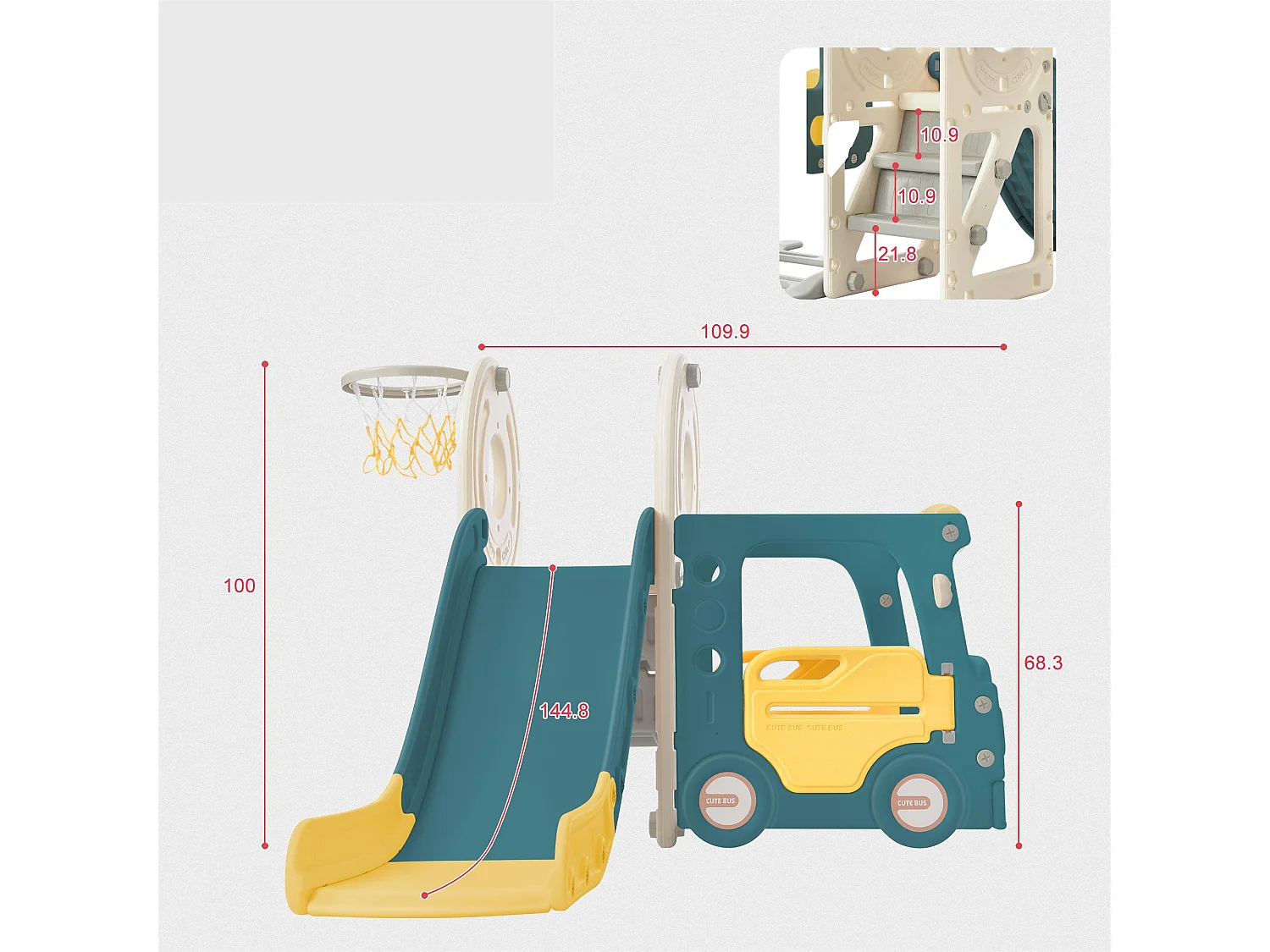 Toboggan 3 en 1 - avec escalier, panier de basket - en forme de voiture - vert