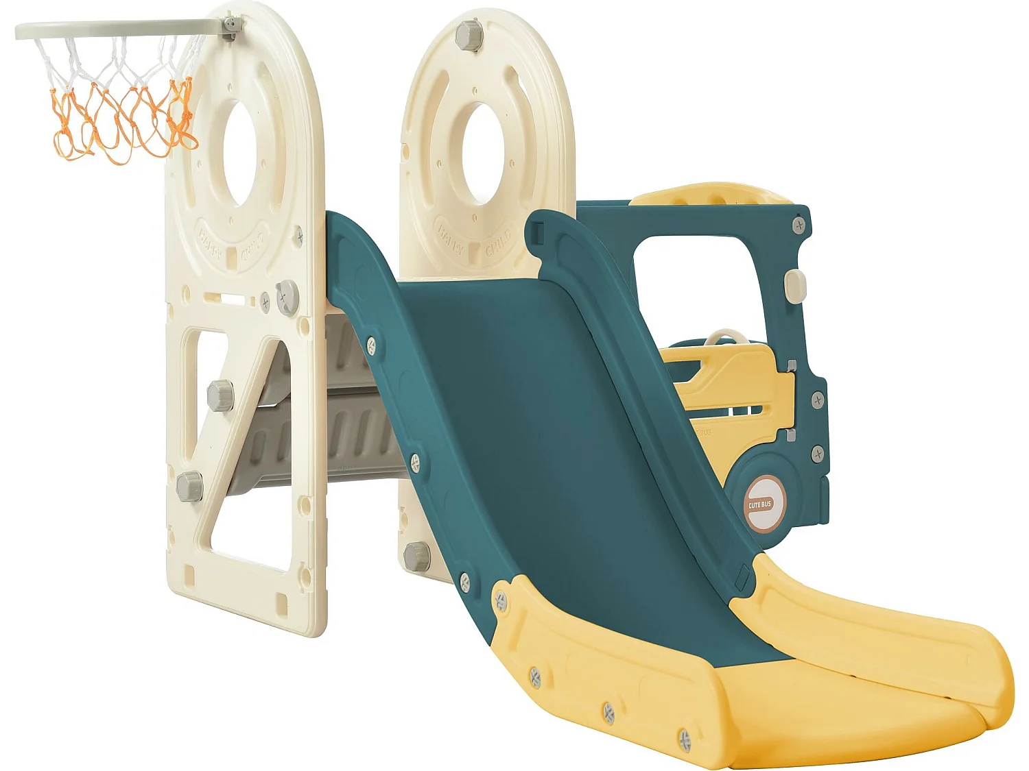 Toboggan 3 en 1 - avec escalier, panier de basket - en forme de voiture - vert