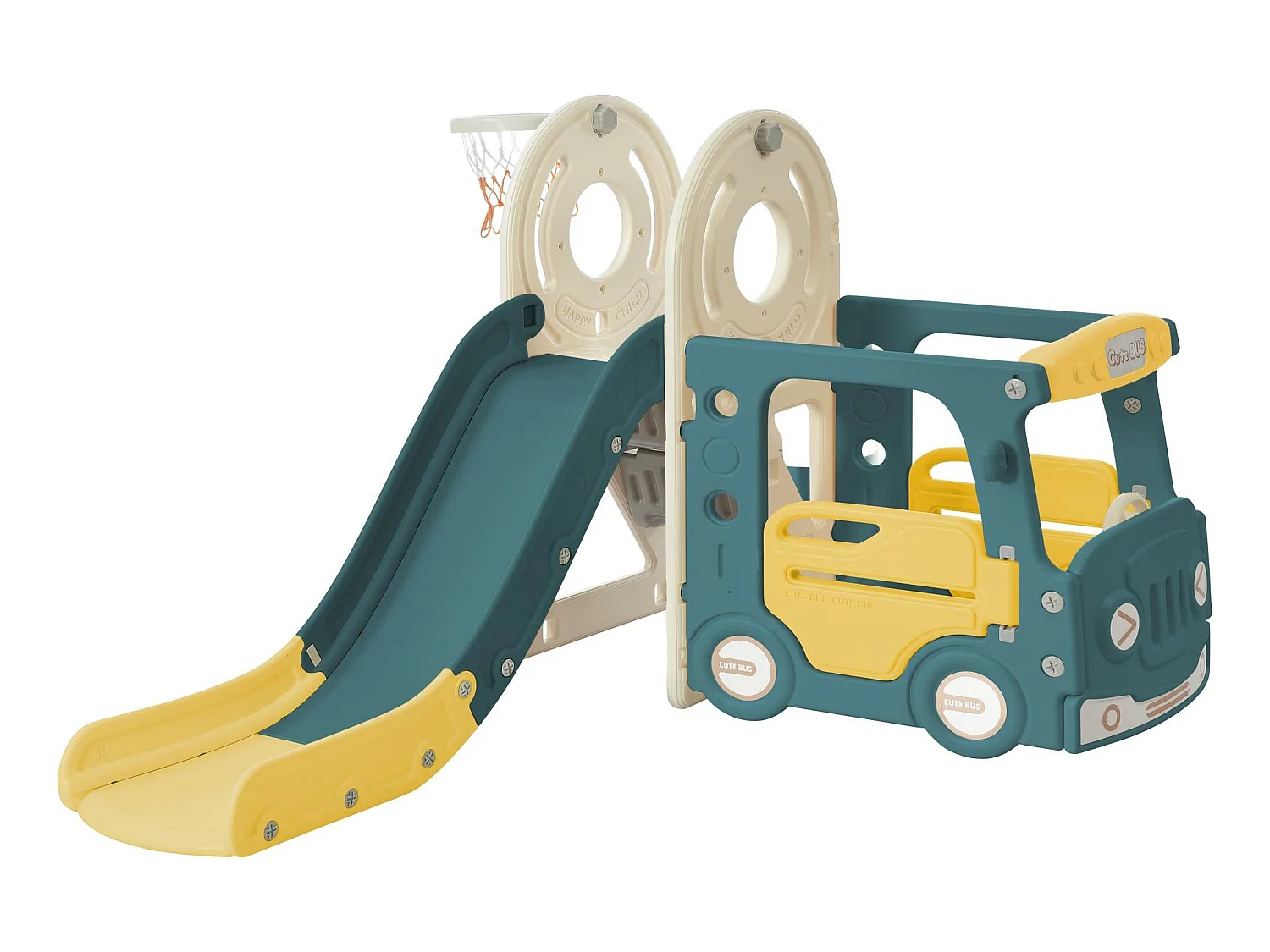 Toboggan 3 en 1 - avec escalier, panier de basket - en forme de voiture - vert