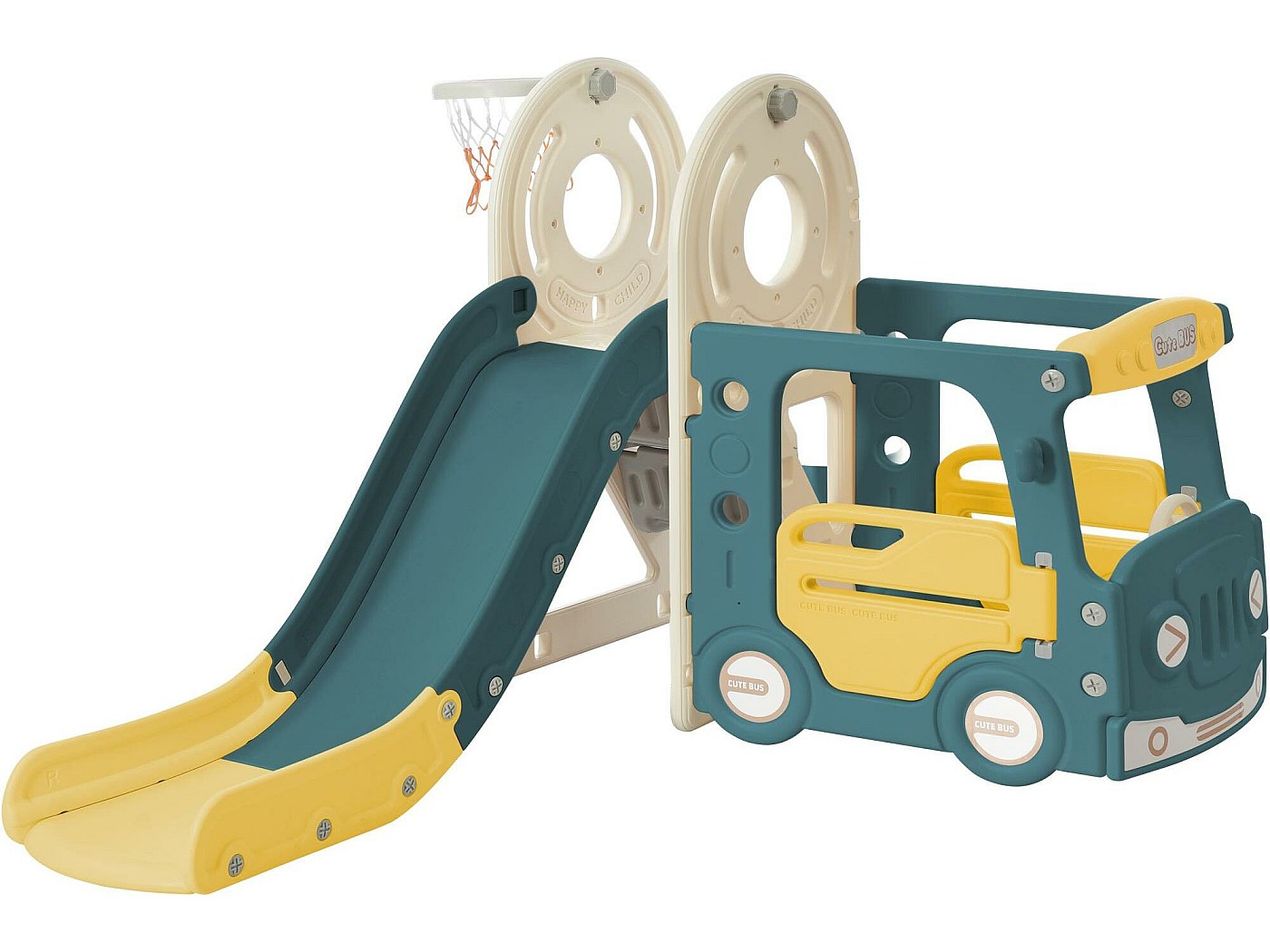 3 in 1 glijbaan - met trap, basketbalring - autovorm - groen