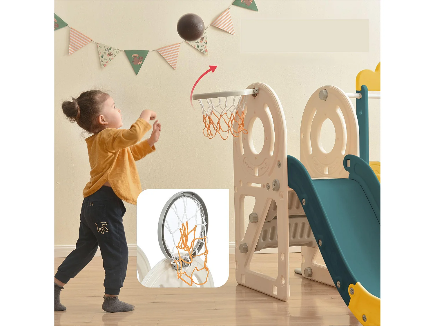 Toboggan 3 en 1 - avec escalier, panier de basket - en forme de voiture - vert