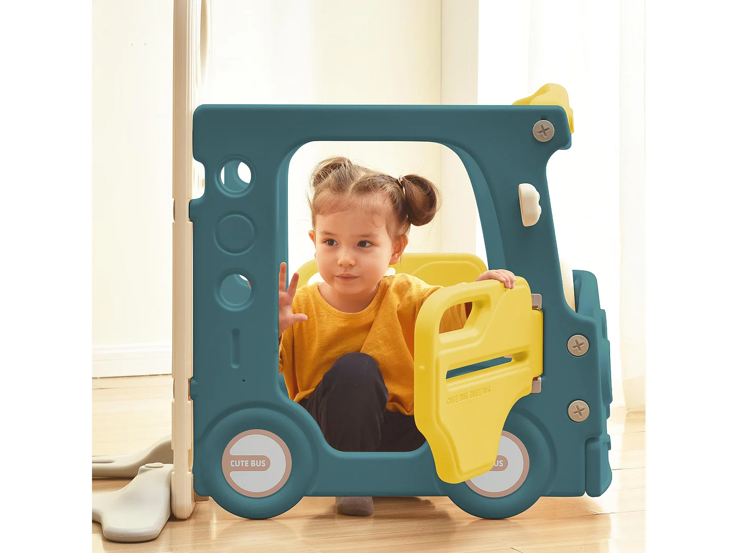 Toboggan 3 en 1 - avec escalier, panier de basket - en forme de voiture - vert