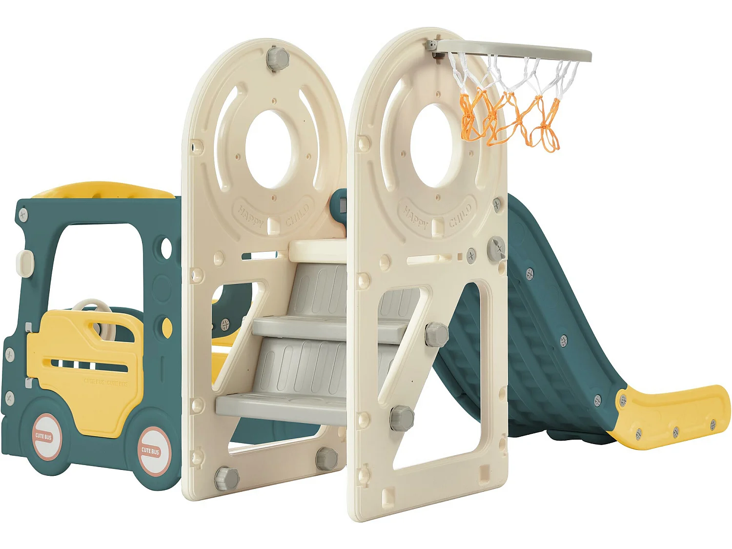 Toboggan 3 en 1 - avec escalier, panier de basket - en forme de voiture - vert