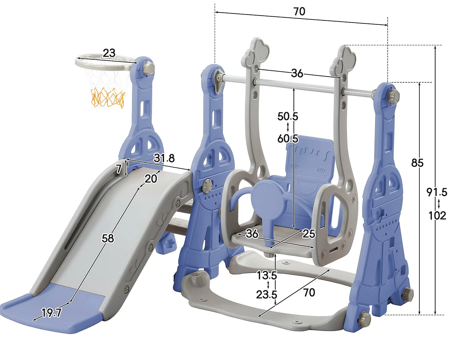 Tobogán 4 en 1 - con escaleras, columpio y canasta de baloncesto - azul