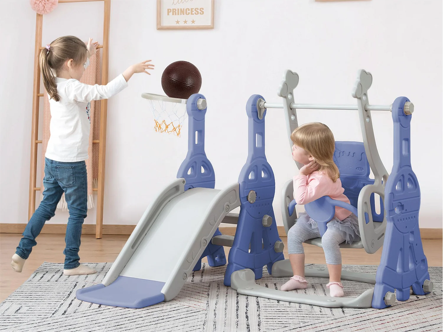 Toboggan 4 en 1 - avec escalier, balançoire, panier de basket - bleu