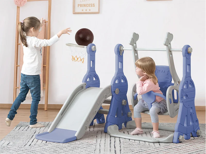 Toboggan 4 en 1 - avec escalier, balançoire, panier de basket - bleu