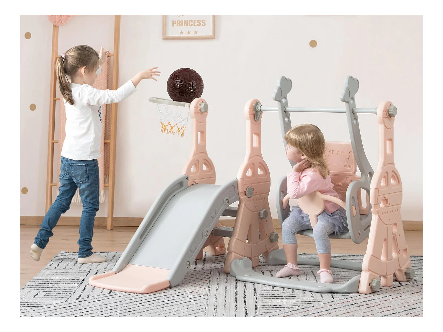 Toboggan 4 en 1 - avec escalier, balançoire, panier de basket - rose