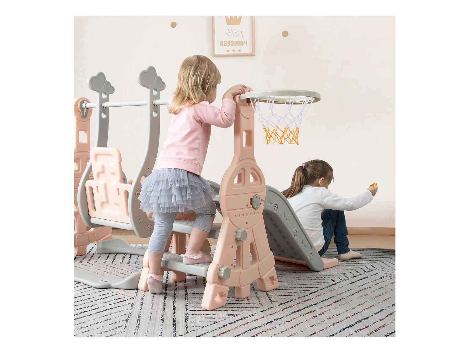 Toboggan 4 en 1 - avec escalier, balançoire, panier de basket - rose