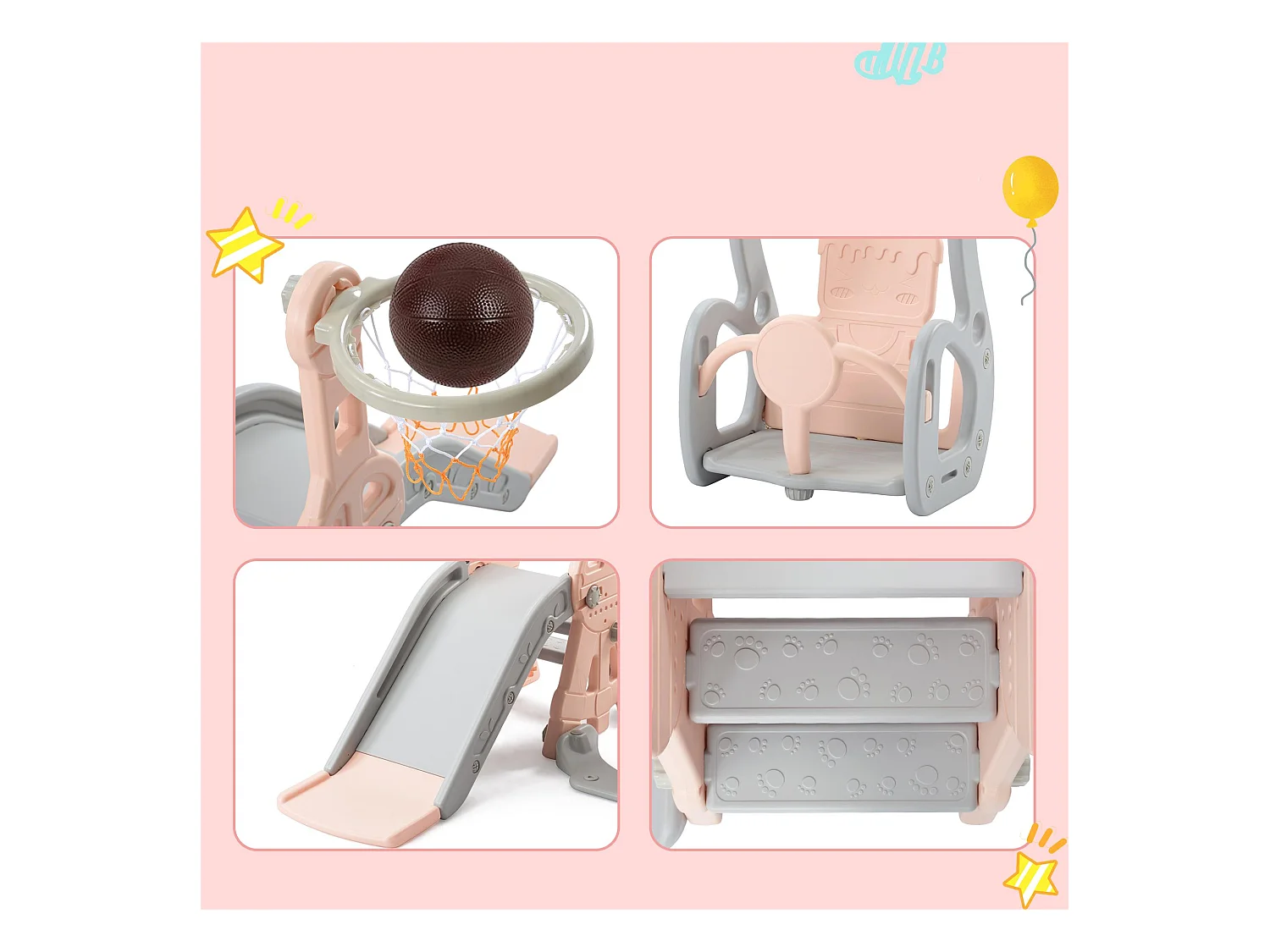 Toboggan 4 en 1 - avec escalier, balançoire, panier de basket - rose