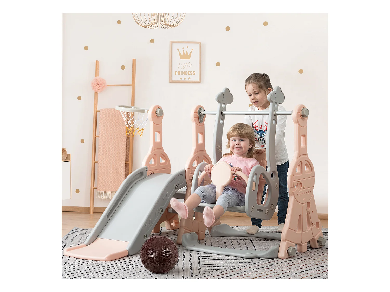 Toboggan 4 en 1 - avec escalier, balançoire, panier de basket - rose
