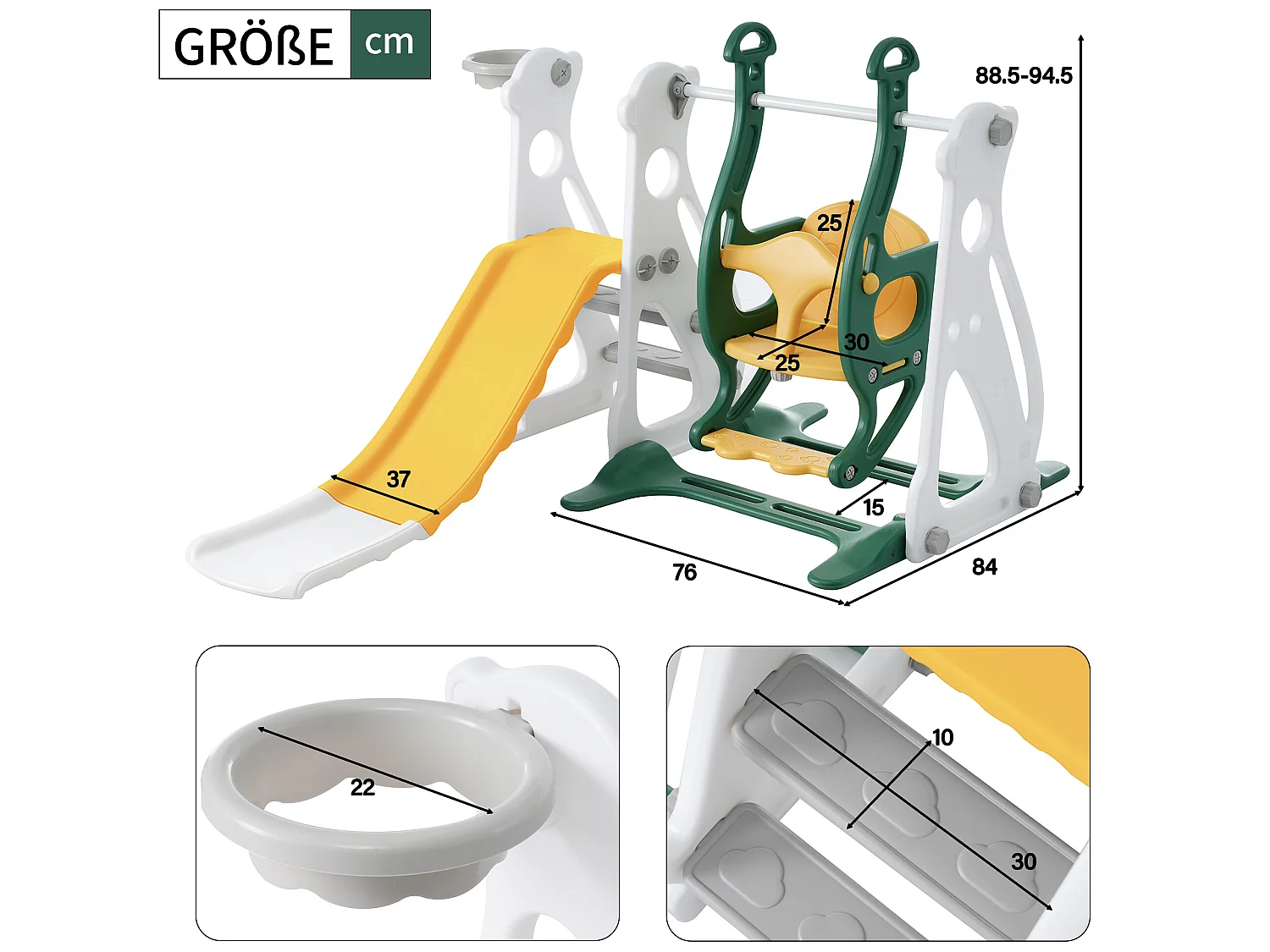 Toboggan 4 en 1 - avec escalier, balançoire, panier de basket - vert