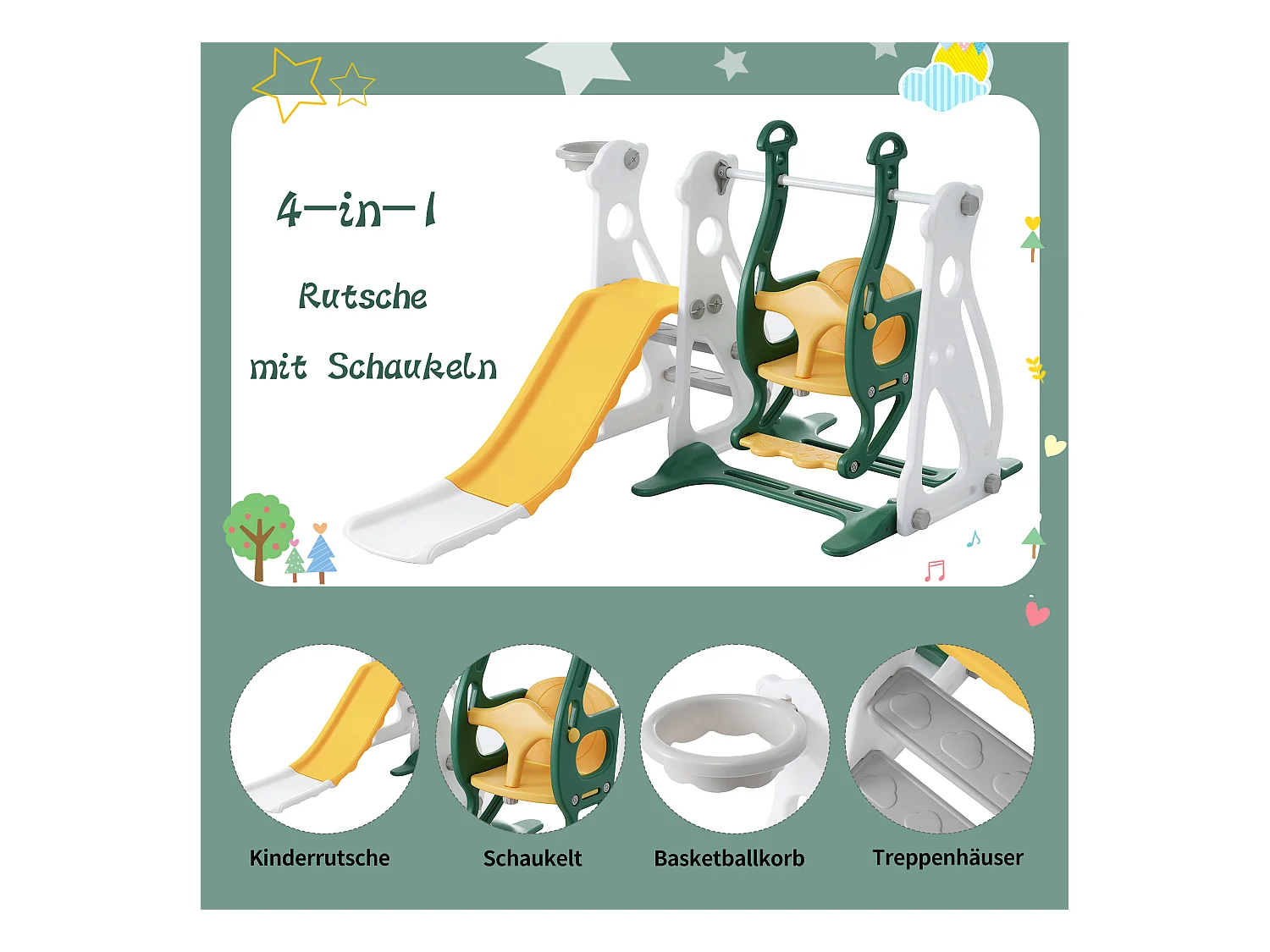 Scivolo 4 in 1 - con scale, altalena, canestro da basket - verde