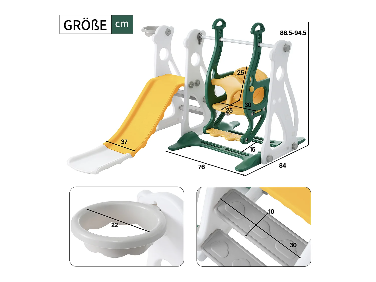 Scivolo 4 in 1 - con scale, altalena, canestro da basket - verde