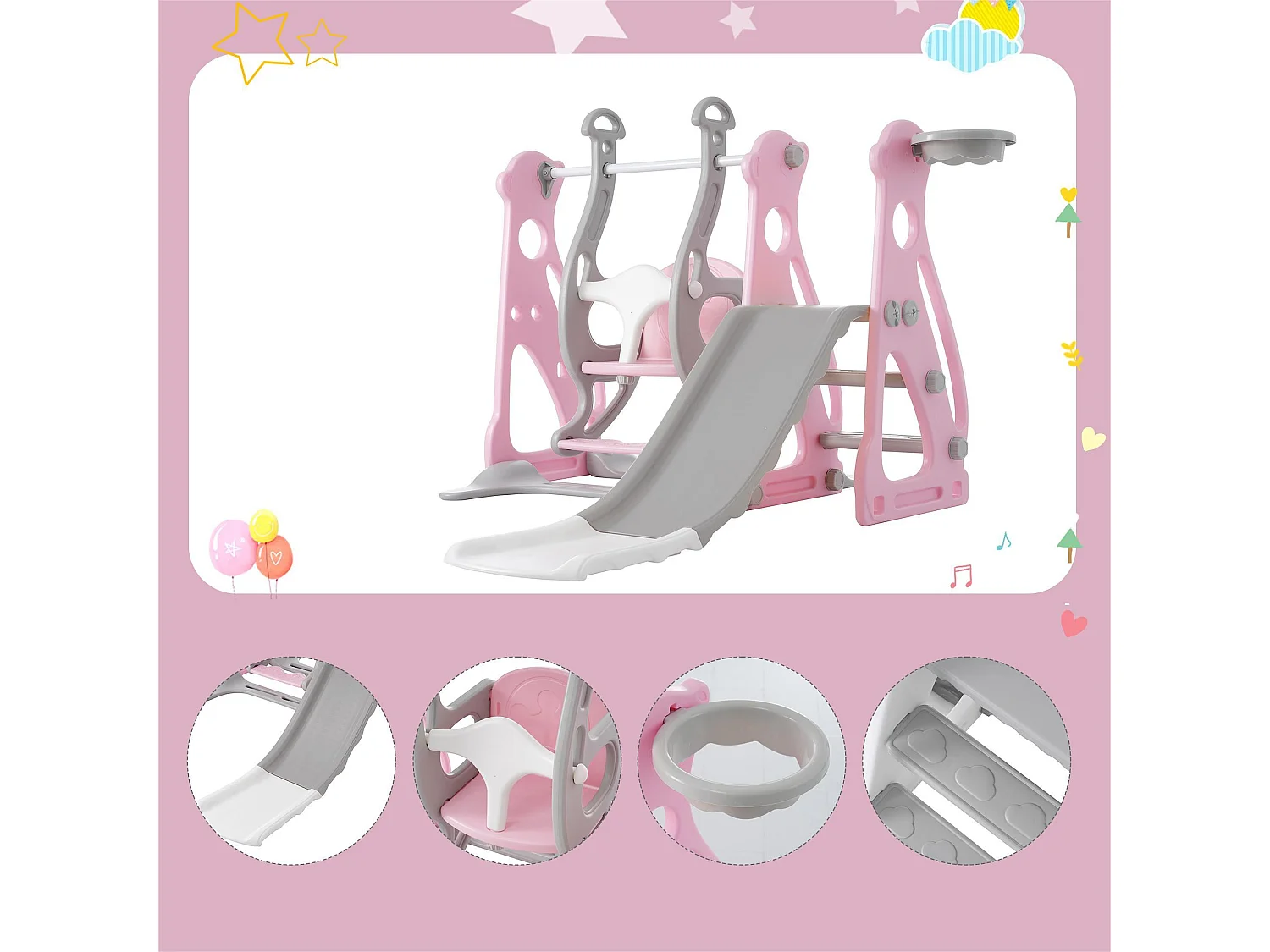 Toboggan 4 en 1 - avec escalier, balançoire, panier de basket - rose