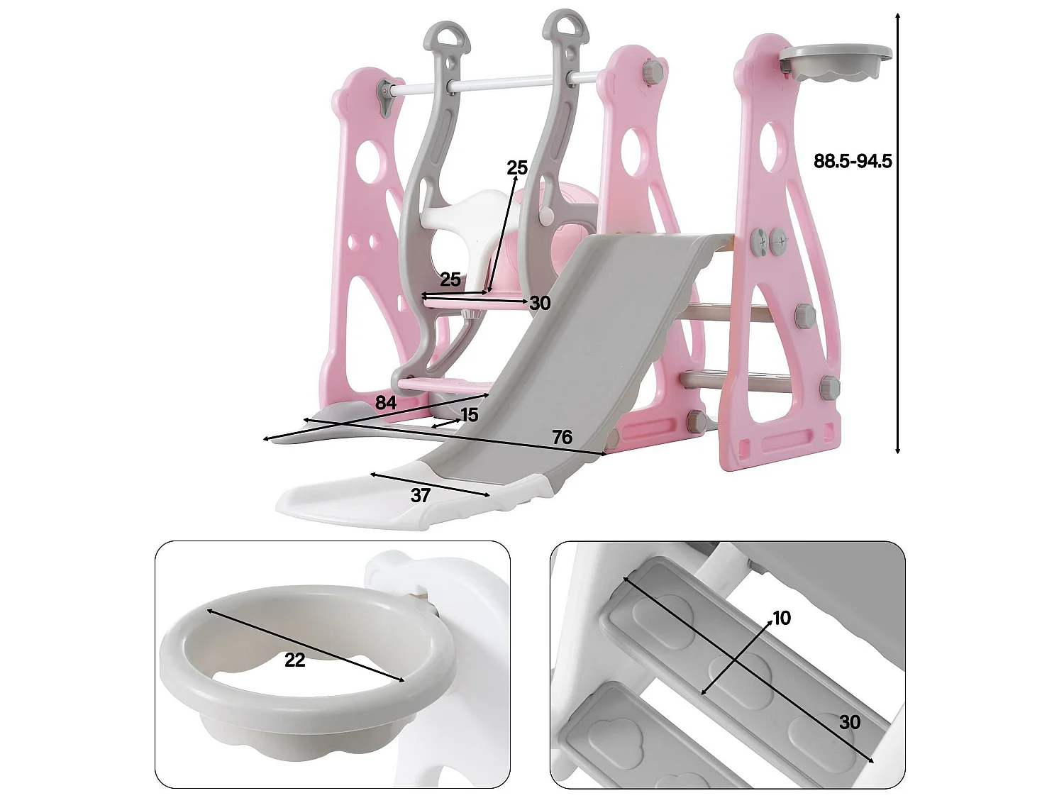 Toboggan 4 en 1 - avec escalier, balançoire, panier de basket - rose