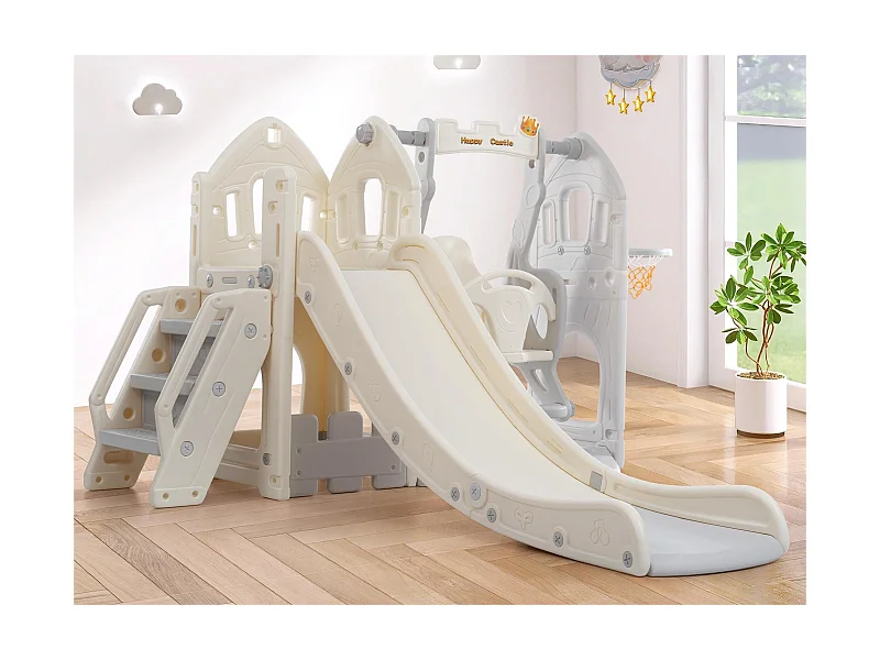 5 in 1 glijbaan - met trap, schommel, opbergruimte, basketbalring - lichtgrijs