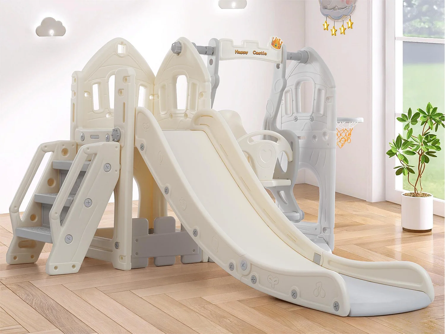 5-in-1-Rutsche – mit Treppe, Schaukel, Stauraum, Basketballkorb – hellgrau