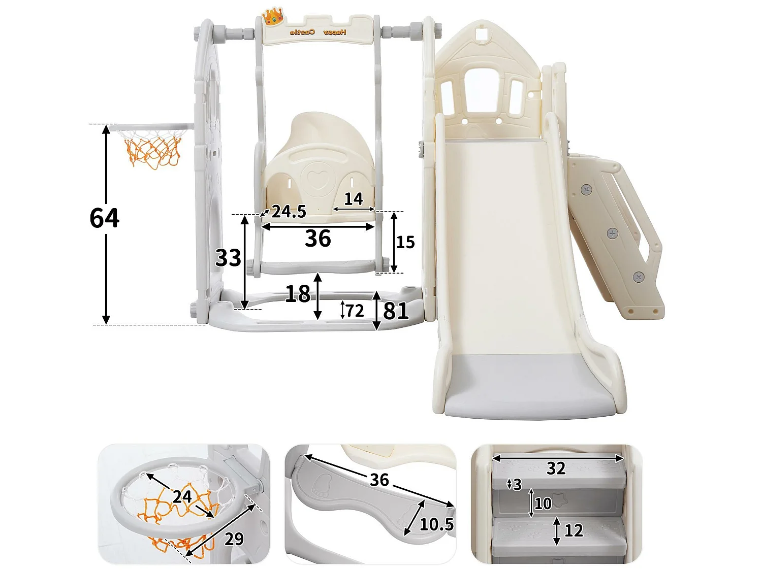 5-in-1-Rutsche – mit Treppe, Schaukel, Stauraum, Basketballkorb – hellgrau
