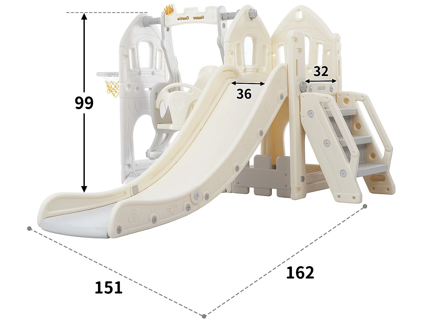 5-in-1-Rutsche – mit Treppe, Schaukel, Stauraum, Basketballkorb – hellgrau