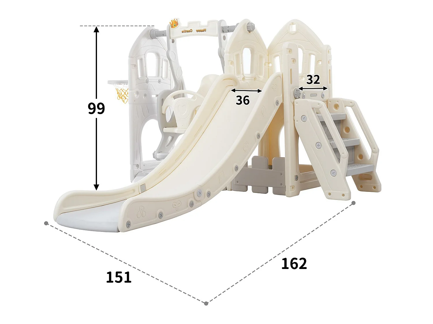 Tobogán 5 en 1 - con escaleras, columpio, espacio de almacenamiento, canasta de baloncesto - gris claro