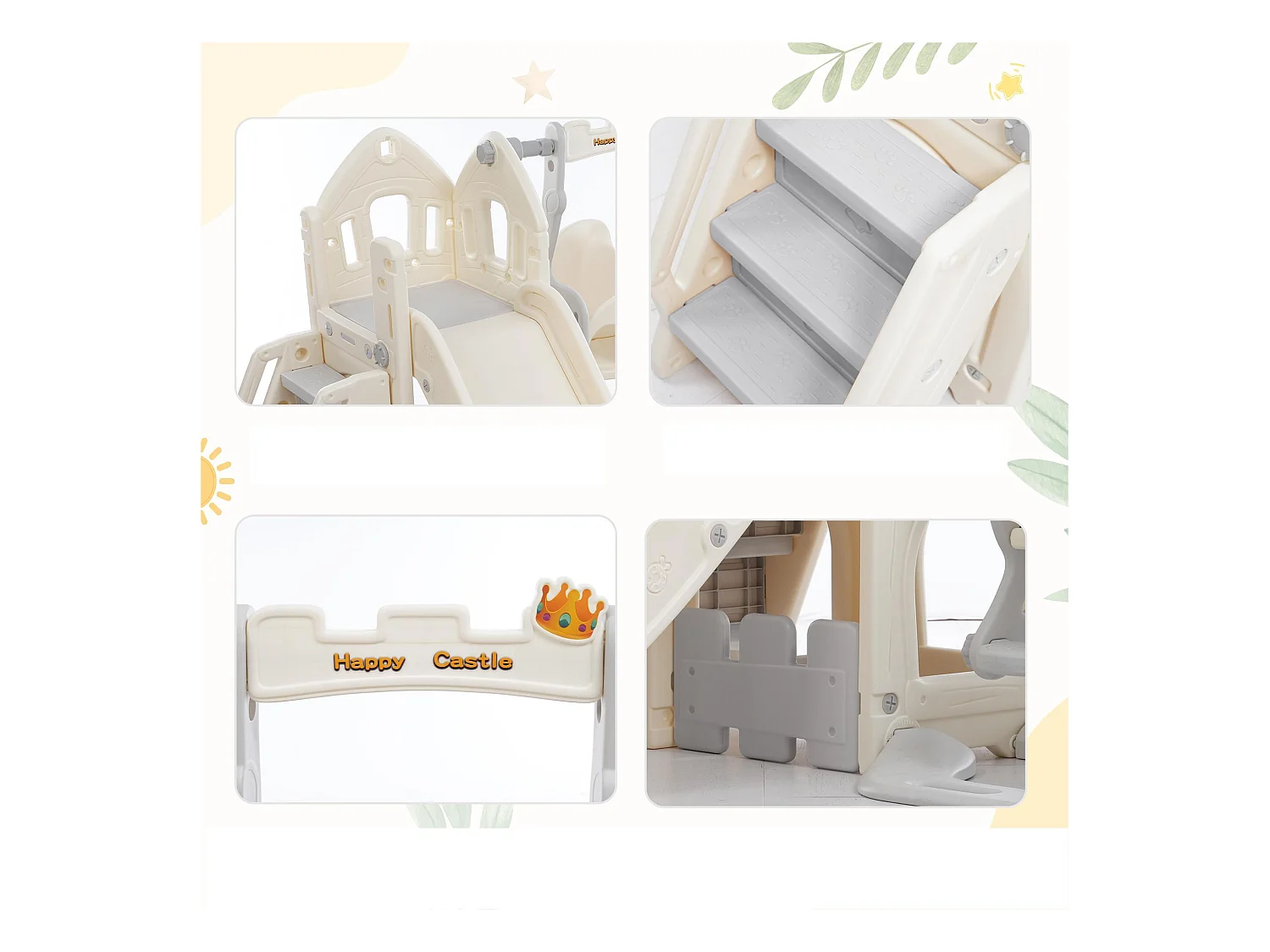 Tobogán 5 en 1 - con escaleras, columpio, espacio de almacenamiento, canasta de baloncesto - gris claro