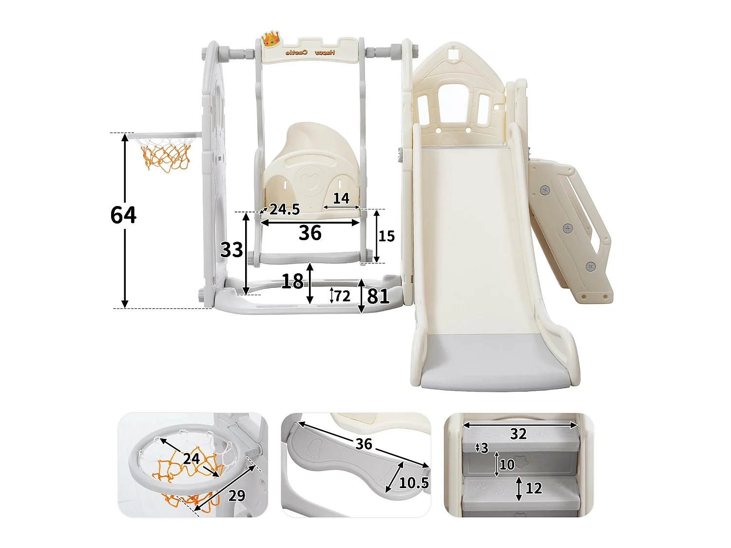Tobogán 5 en 1 - con escaleras, columpio, espacio de almacenamiento, canasta de baloncesto - gris claro