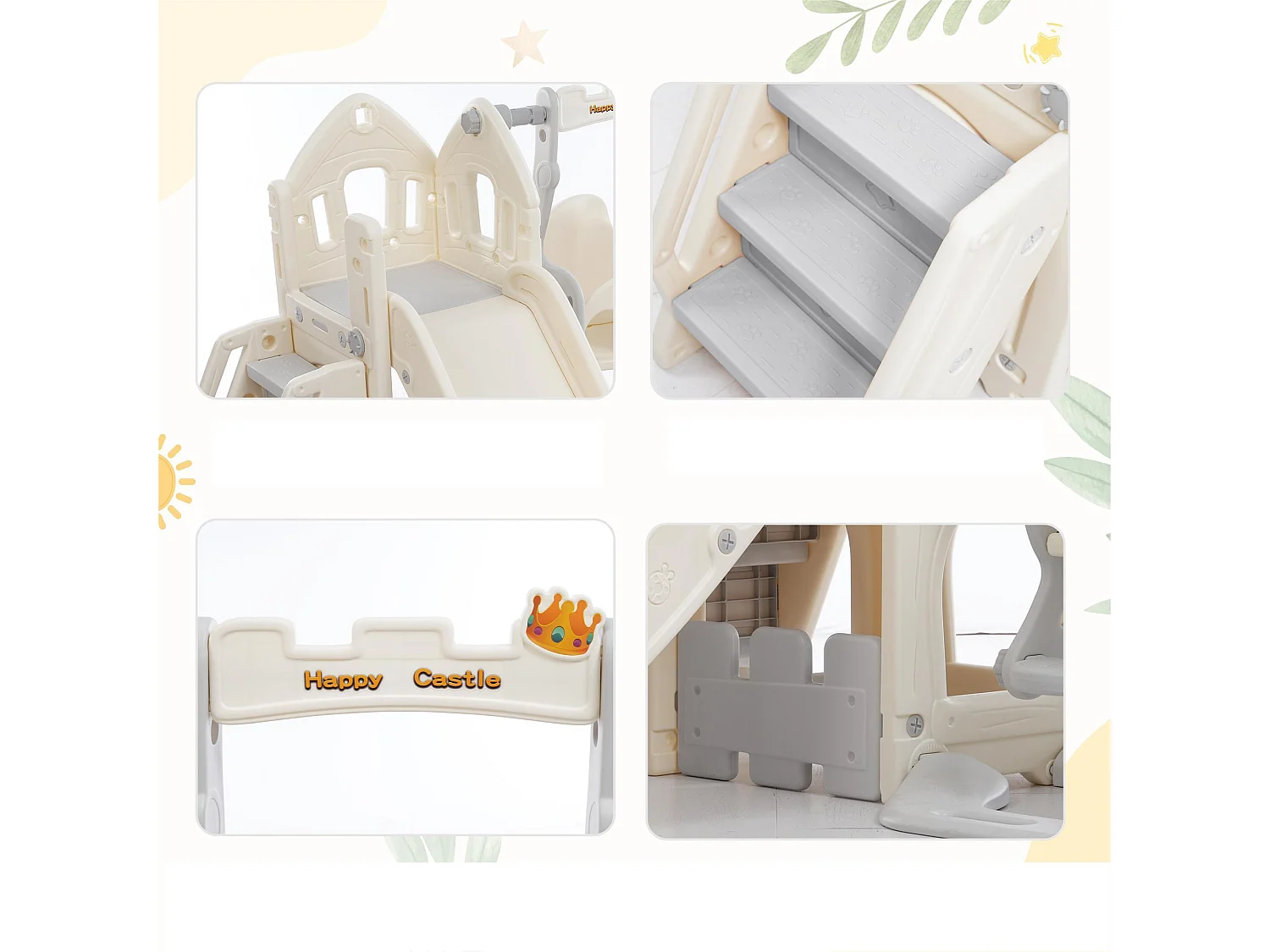 Toboggan 5 en 1 - avec escalier, balançoire, espace de rangement, panier de basket - gris clair