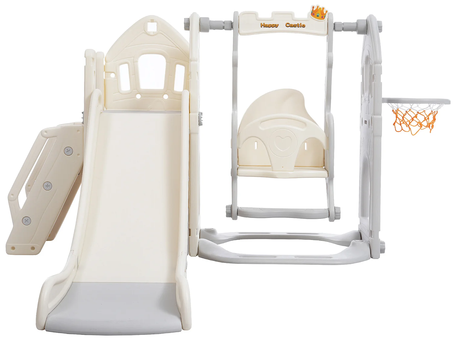 Toboggan 5 en 1 - avec escalier, balançoire, espace de rangement, panier de basket - gris clair