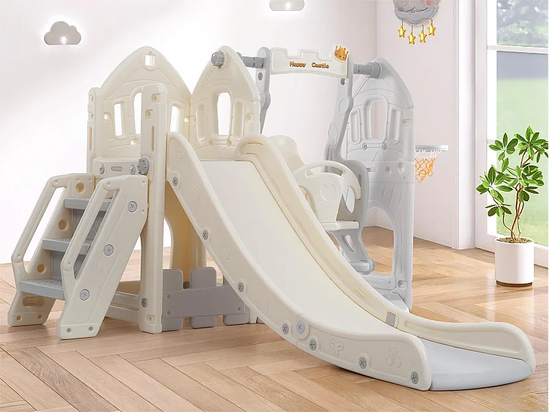 5-in-1-Rutsche – mit Treppe, Schaukel, Stauraum, Basketballkorb – hellgrau