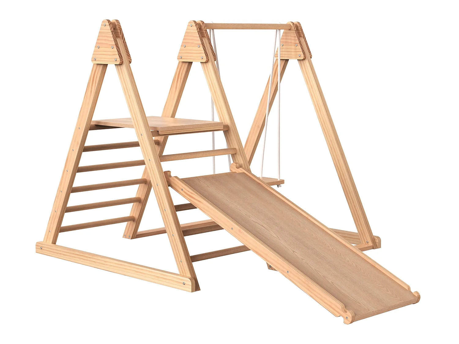 3 in 1 glijbaan - met trappen, schommels en glijbaantjes - massief grenen - naturel