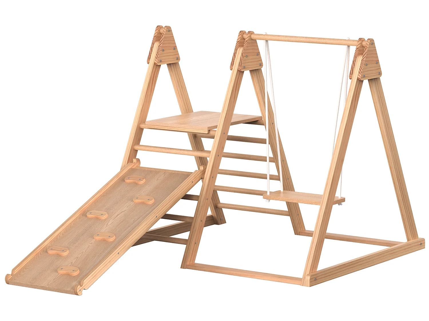 3 in 1 glijbaan - met trappen, schommels en glijbaantjes - massief grenen - naturel