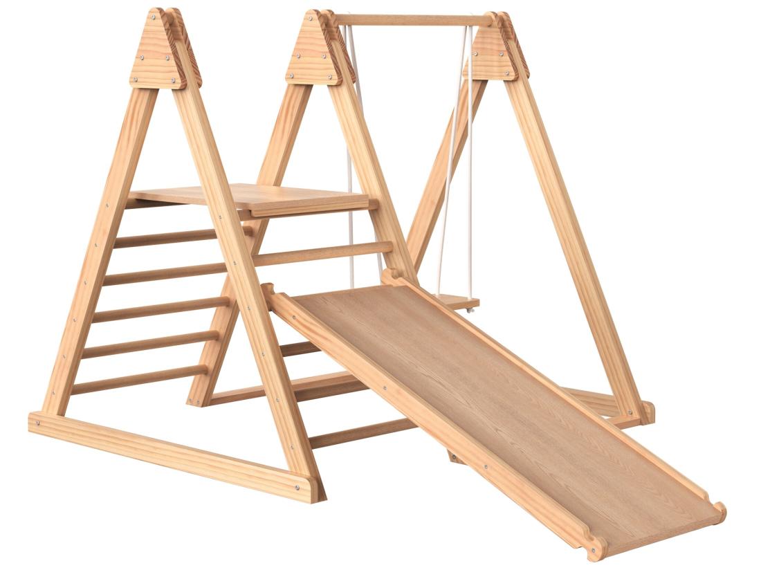 vente unique Toboggan 3 en 1 - avec escalier Balançoires et Toboggans - en pin massif - naturel