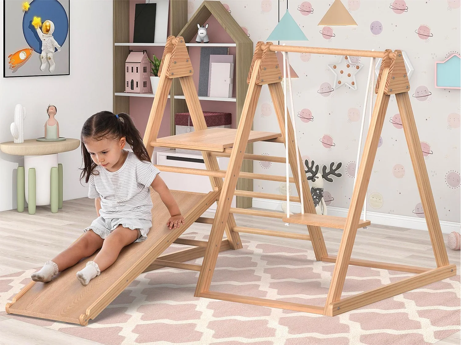 3 in 1 glijbaan - met trappen, schommels en glijbaantjes - massief grenen - naturel
