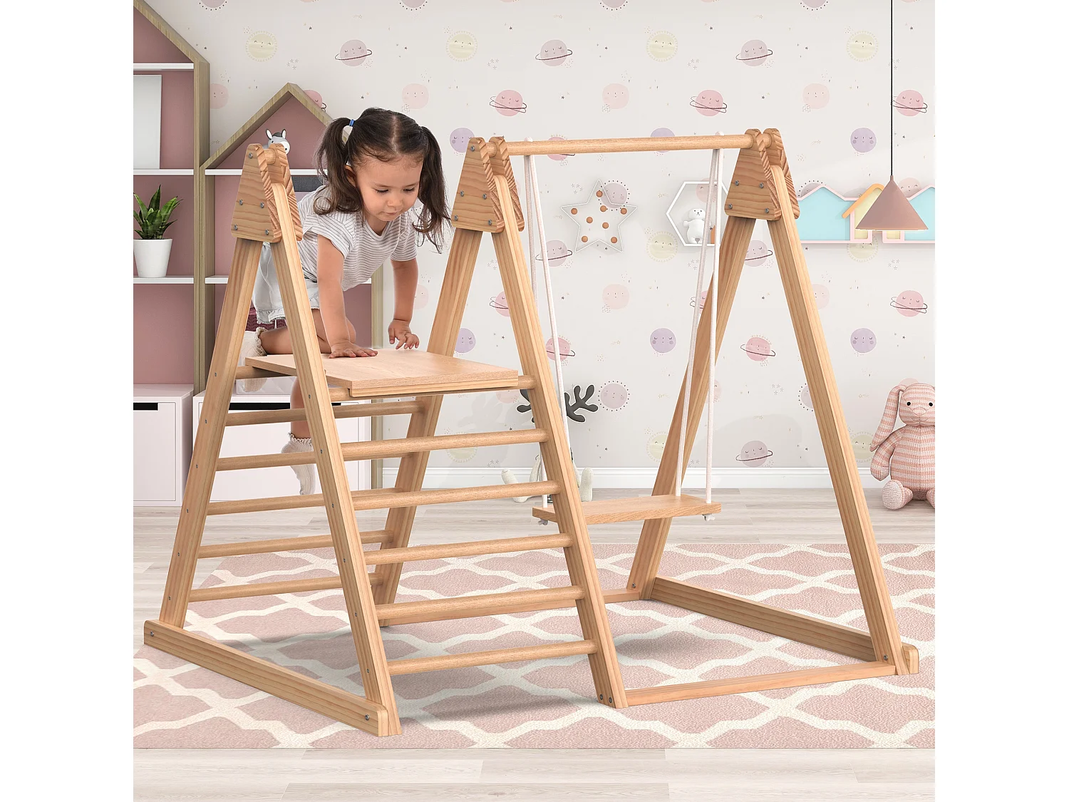 3 in 1 glijbaan - met trappen, schommels en glijbaantjes - massief grenen - naturel