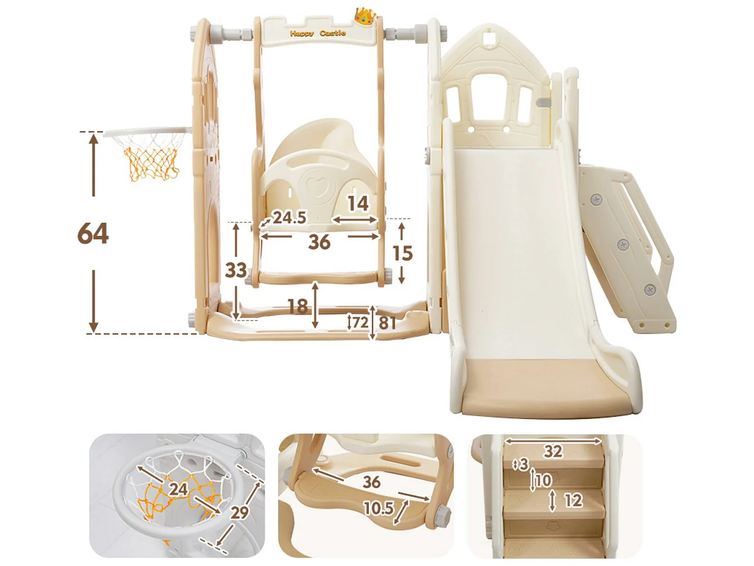 5 in 1 glijbaan - met trap, schommel, opbergruimte, basketbalring - lichtgeel