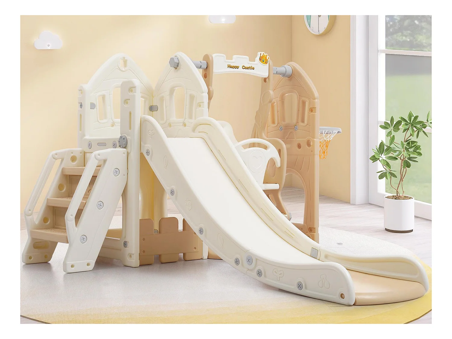 Toboggan 5 en 1 - avec escalier, balançoire, espace de rangement, panier de basket - jaune clair
