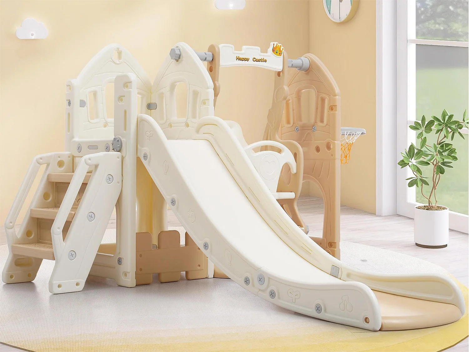 Toboggan 5 en 1 - avec escalier, balançoire, espace de rangement, panier de basket - jaune clair