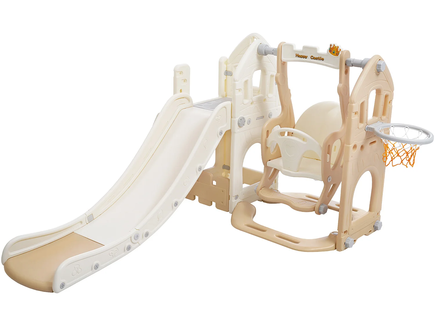 Toboggan 5 en 1 - avec escalier, balançoire, espace de rangement, panier de basket - jaune clair