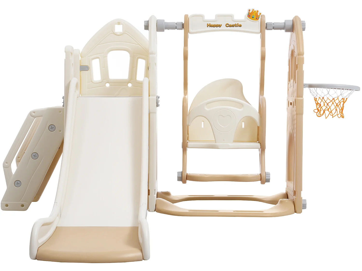 Toboggan 5 en 1 - avec escalier, balançoire, espace de rangement, panier de basket - jaune clair