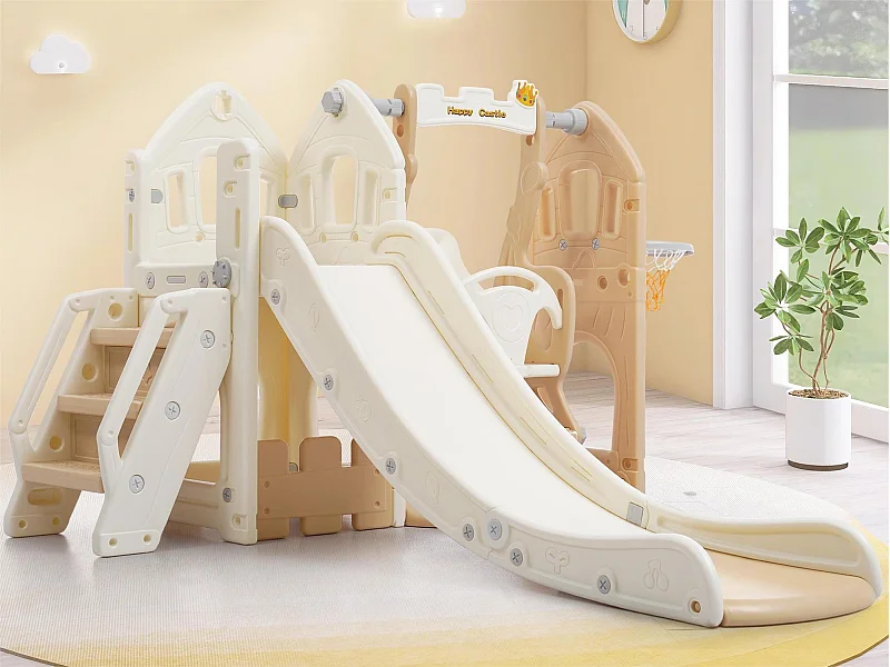 Toboggan 5 en 1 - avec escalier, balançoire, espace de rangement, panier de basket - jaune clair