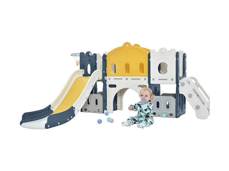Burgförmige Rutsche mit Kletter-, Tunnel-, Stauraum- und Basketballkorb – blau