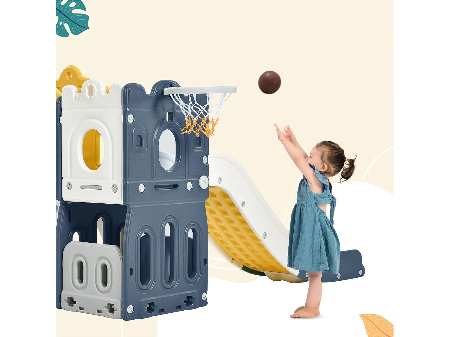 Burgförmige Rutsche mit Kletter-, Tunnel-, Stauraum- und Basketballkorb – blau