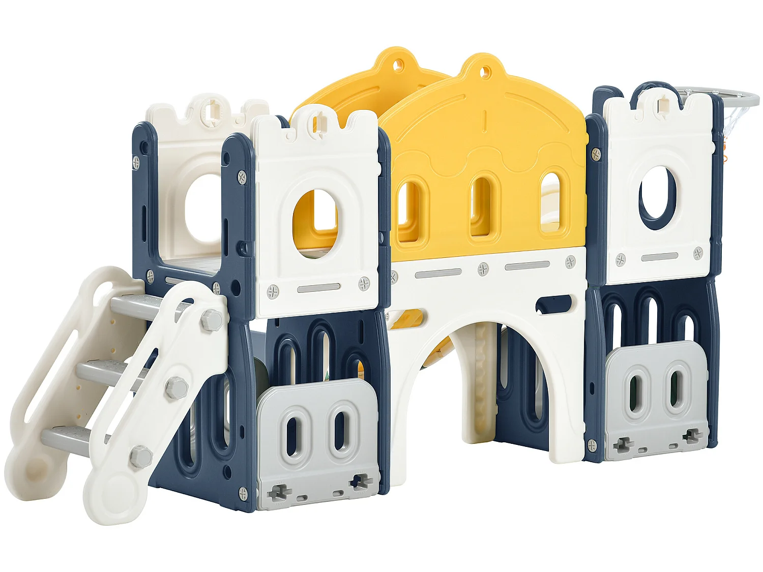Burgförmige Rutsche mit Kletter-, Tunnel-, Stauraum- und Basketballkorb – blau