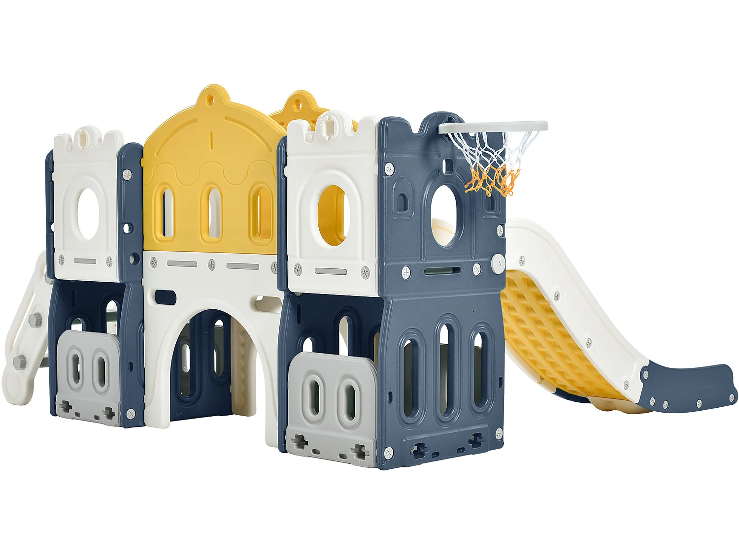 Burgförmige Rutsche mit Kletter-, Tunnel-, Stauraum- und Basketballkorb – blau