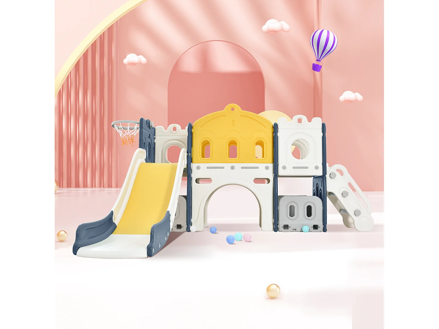 Burgförmige Rutsche mit Kletter-, Tunnel-, Stauraum- und Basketballkorb – blau