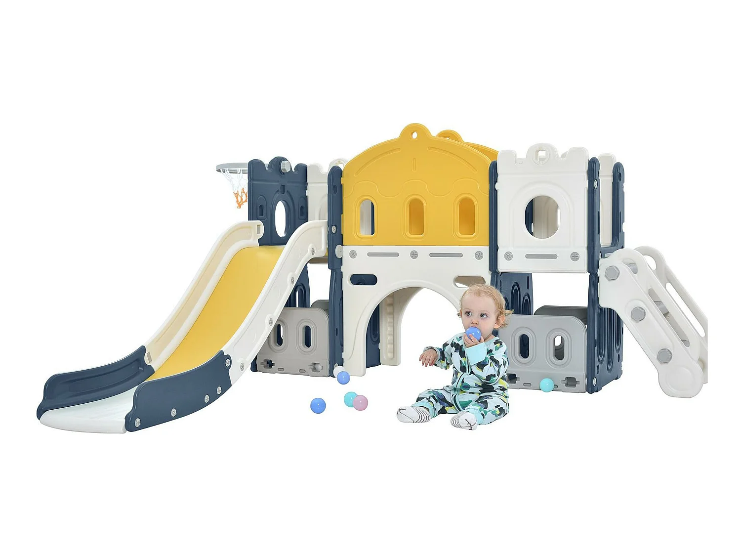 Toboggan en forme de château avec escalade, tunnel, espace de rangement et panier de basket - bleu