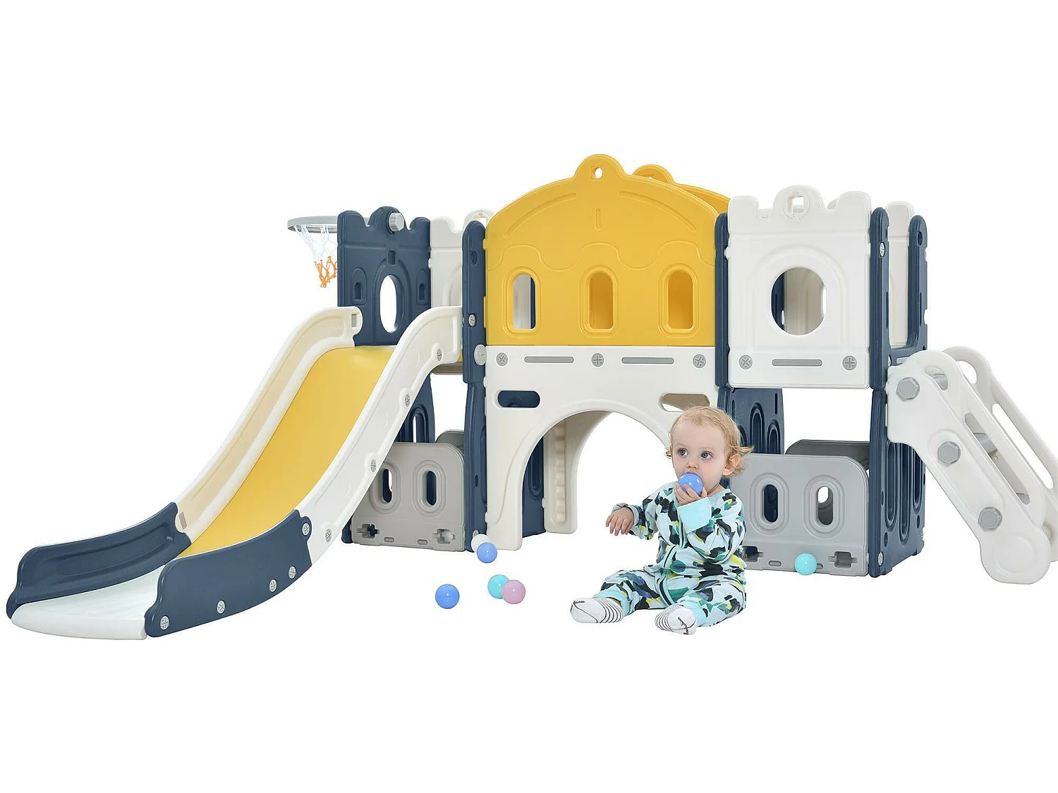 Kasteelvormige glijbaan met klimtoestel, tunnel, opbergruimte en basketbalring - blauw