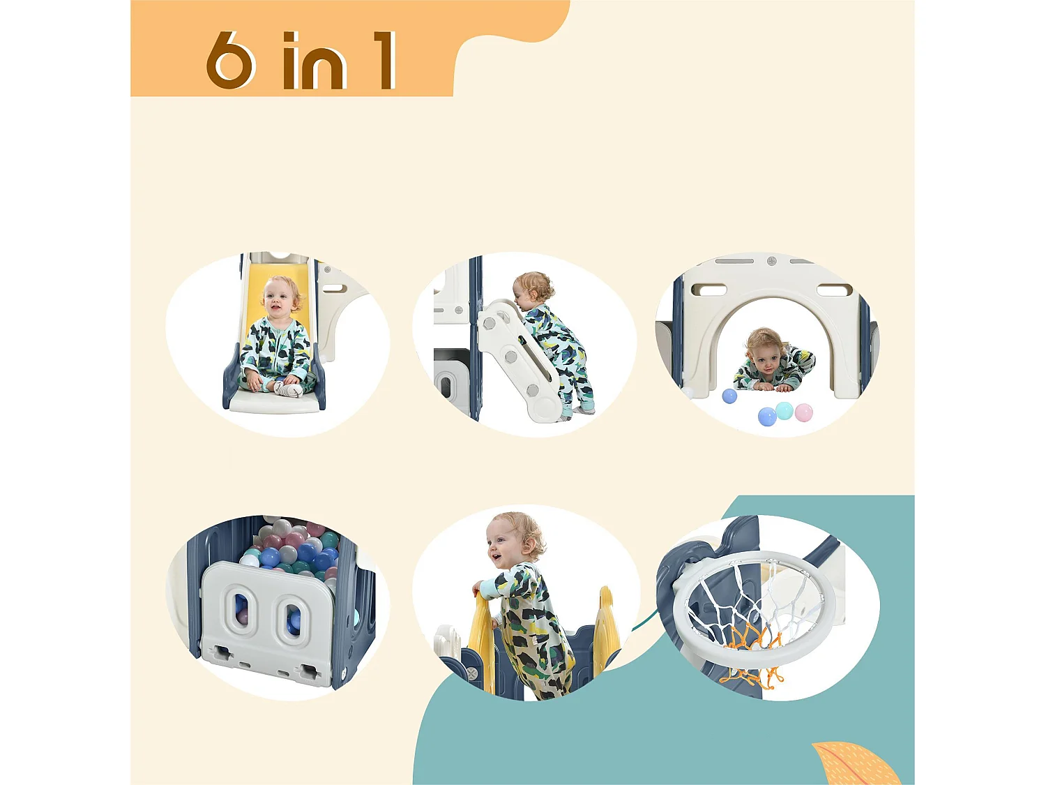 Kasteelvormige glijbaan met klimtoestel, tunnel, opbergruimte en basketbalring - blauw