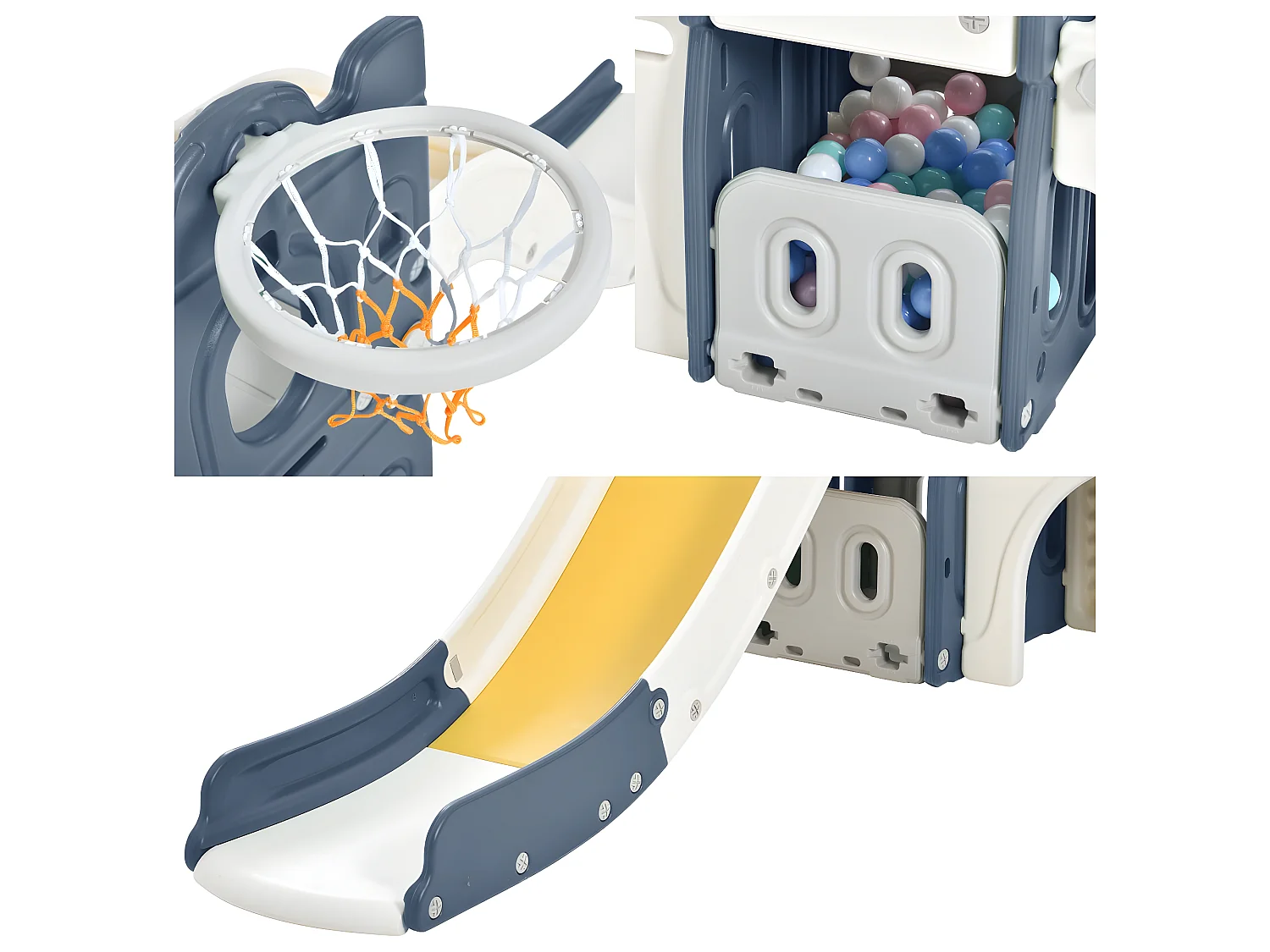 Kasteelvormige glijbaan met klimtoestel, tunnel, opbergruimte en basketbalring - blauw